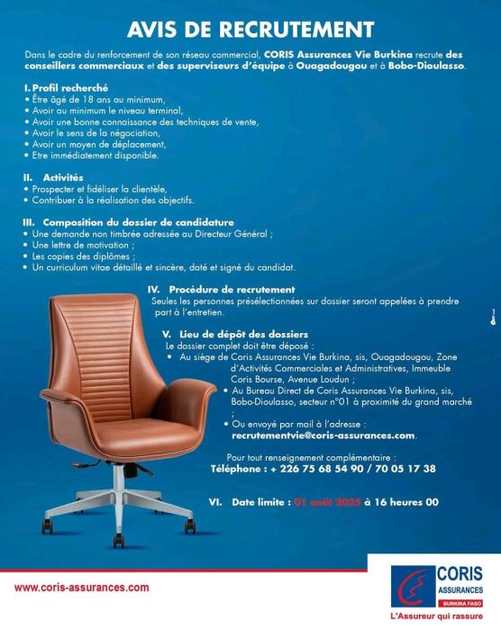 Avis de recrutement de conseillers commerciaux et des superviseurs d'équipe 