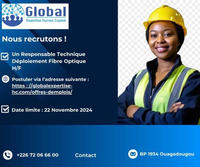 Avis de recrutement d'un responsable Technique Déploiement Fibre Optique H/F