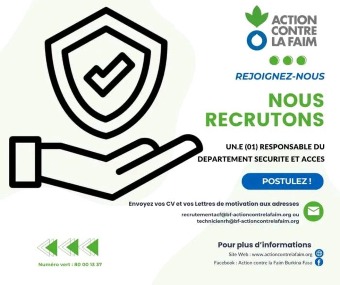 RECRUTEMENT D'𝐔𝐍.𝐄 (𝟎𝟏) 𝐑𝐄𝐒𝐏𝐎𝐍𝐒𝐀𝐁𝐋𝐄 𝐃𝐔 𝐃𝐄𝐏𝐀𝐑𝐓𝐄𝐌𝐄𝐍𝐓 𝐒𝐄𝐂𝐔𝐑𝐈𝐓𝐄 𝐄𝐓 𝐀𝐂𝐂𝐄𝐒