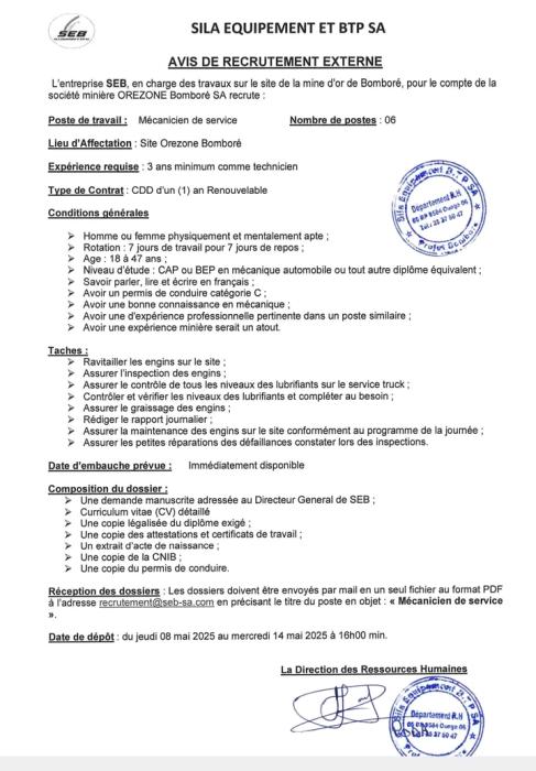Recrutement un mécanicien de service.