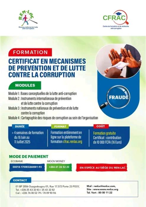 Offre de formation pour le certificat en Mécanismes de prévention et de lutte contre la corruption 